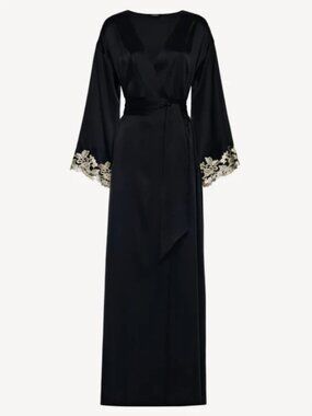La Perla Black long silk robe, hand finished with double frastaglio IT/42